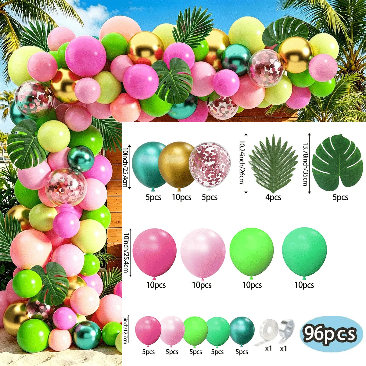 A colorful balloon arch decoration kit shown with a large decorated arch on a beach backdrop and a white inset sheet listing balloon and leaf counts with dimensions. The product includes pink, green, yellow, teal, gold, and clear balloons, tropical leaves, and text indicating 96 pieces.