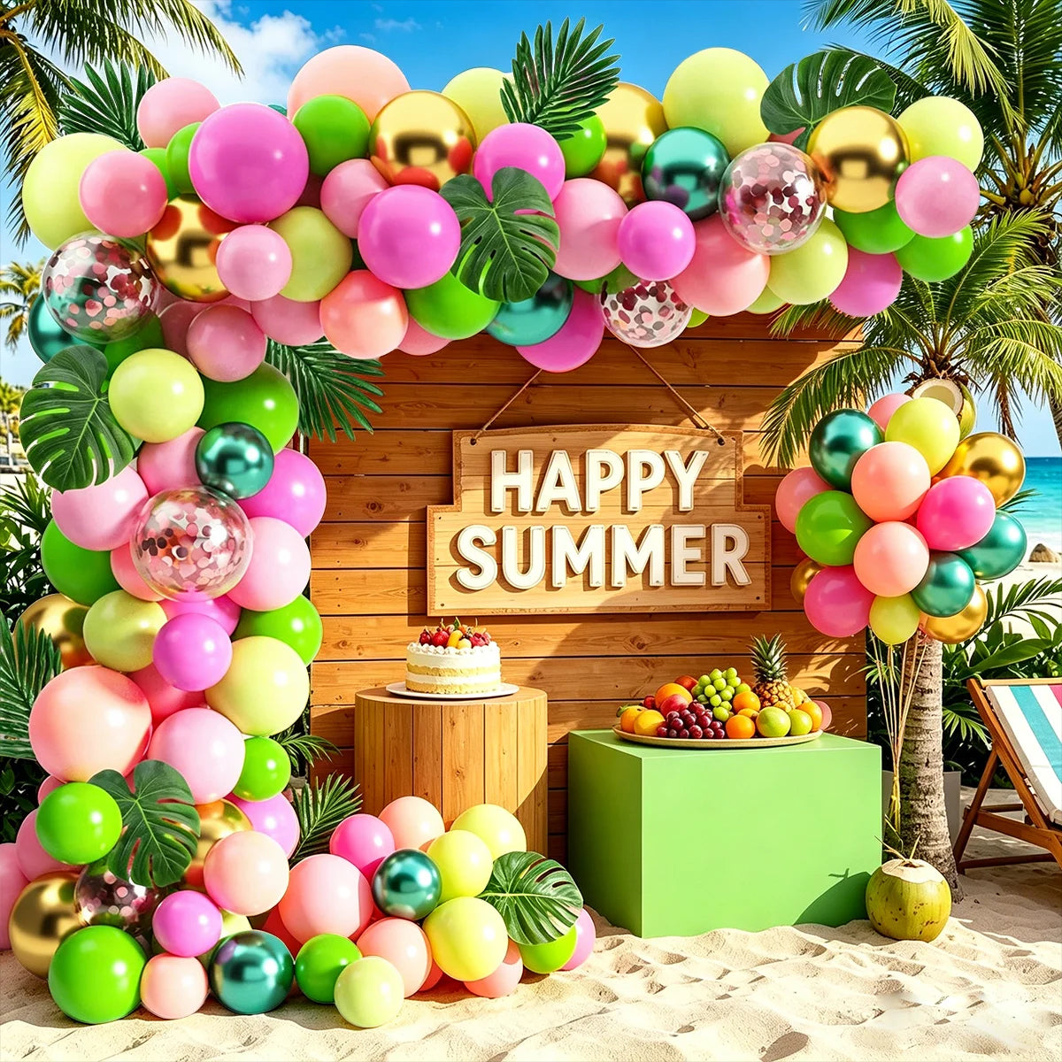 A tropical beach-themed party decoration setup featuring a large balloon arch and matching balloon clusters in pink, green, yellow, and metallic gold, with palm trees, a wooden 'HAPPY SUMMER' sign, and a small cake on a sandy beach.