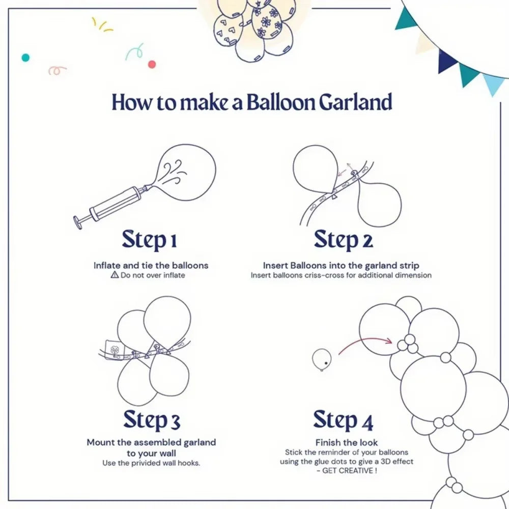 Instructions on how to make a balloon garland with illustrations and text.
