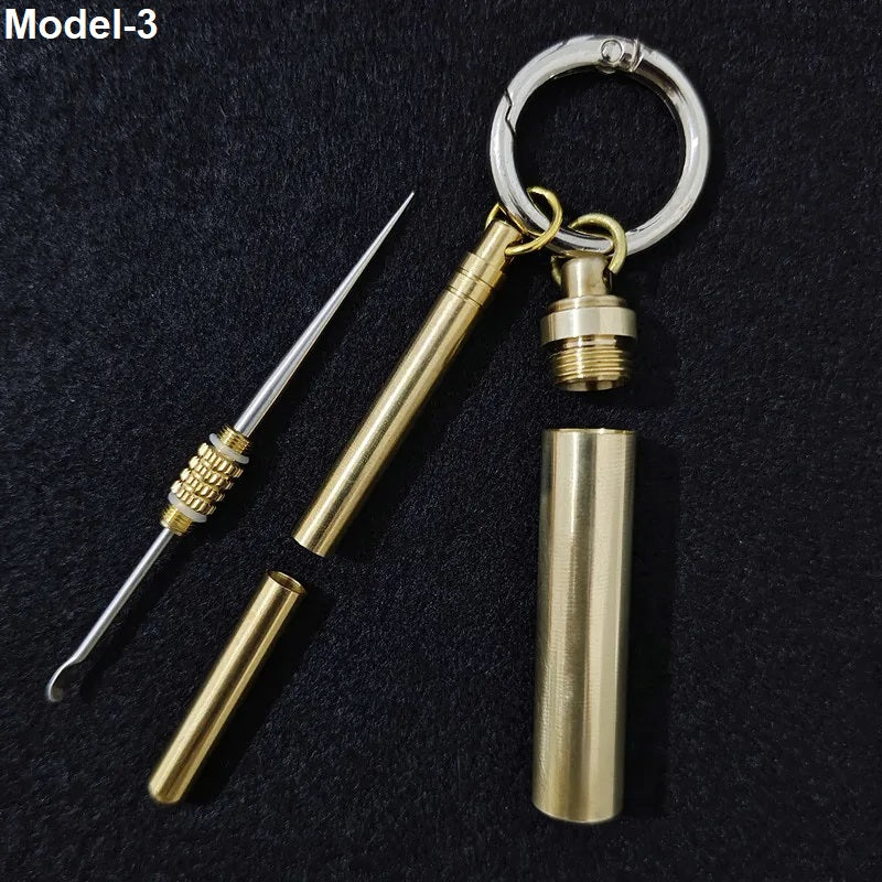 Multifunction brass keychain tool set with storage compartment and portable accessories