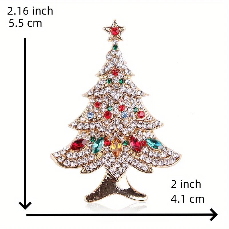 Christmas tree crystal brooch pin with product size and measurement details
