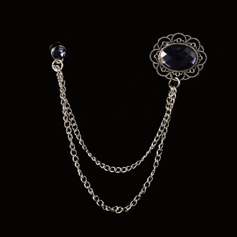 Silver brooch with purple gemstone and tassel chain jewelry