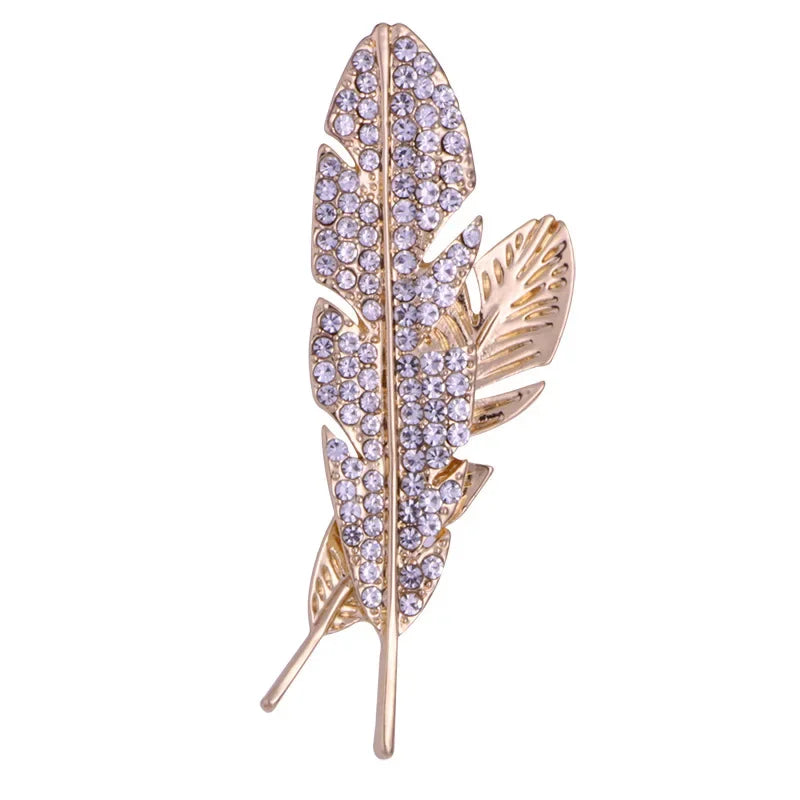 Elegant gold feather crystal brooch fashion jewelry pin for blazer and tuxedo