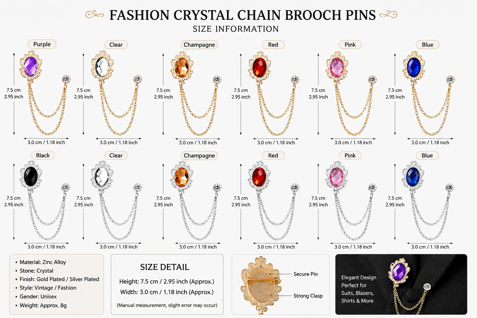 Fashion crystal chain brooch pins with size information and color options.