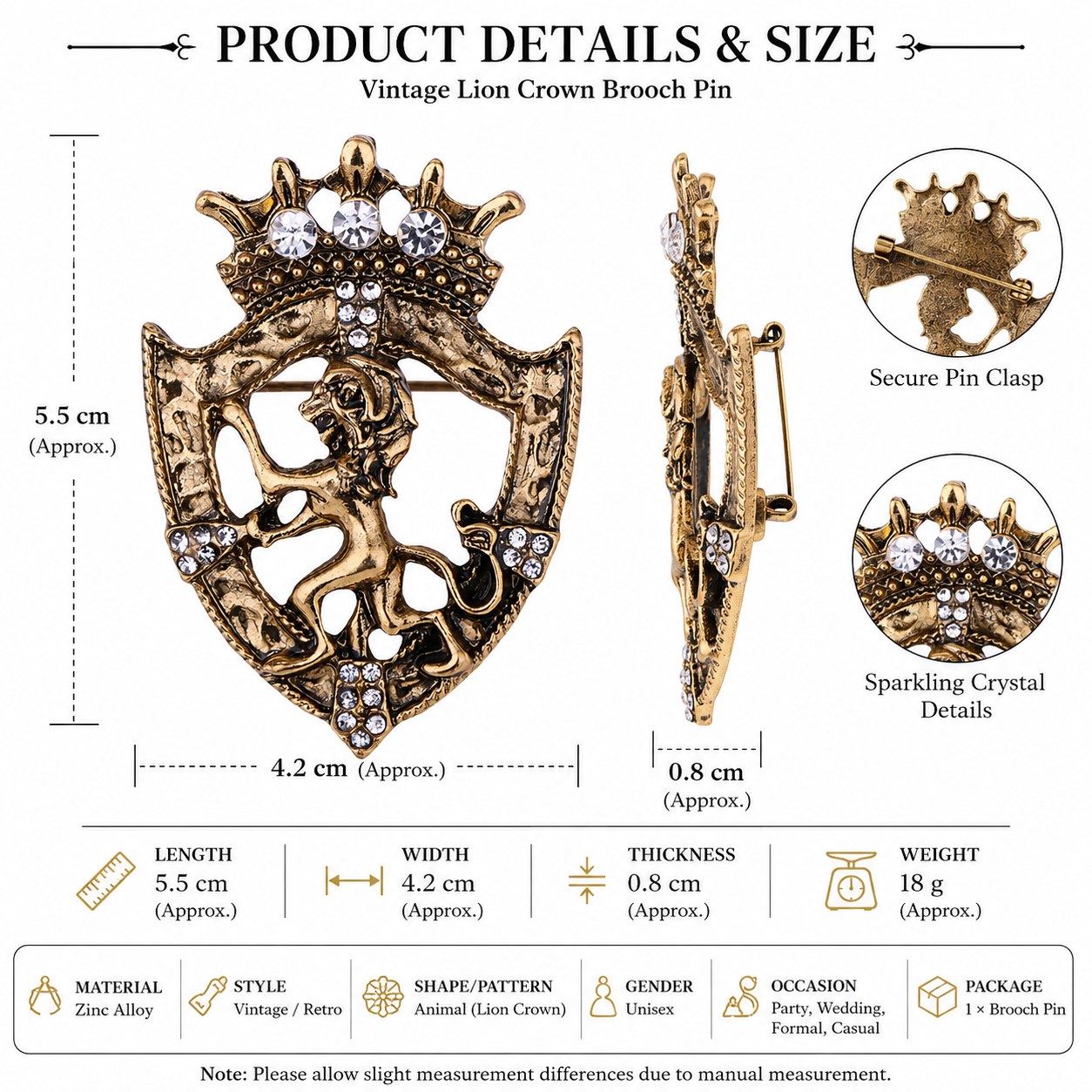 Vintage lion crown brooch pin with product size and detail chart