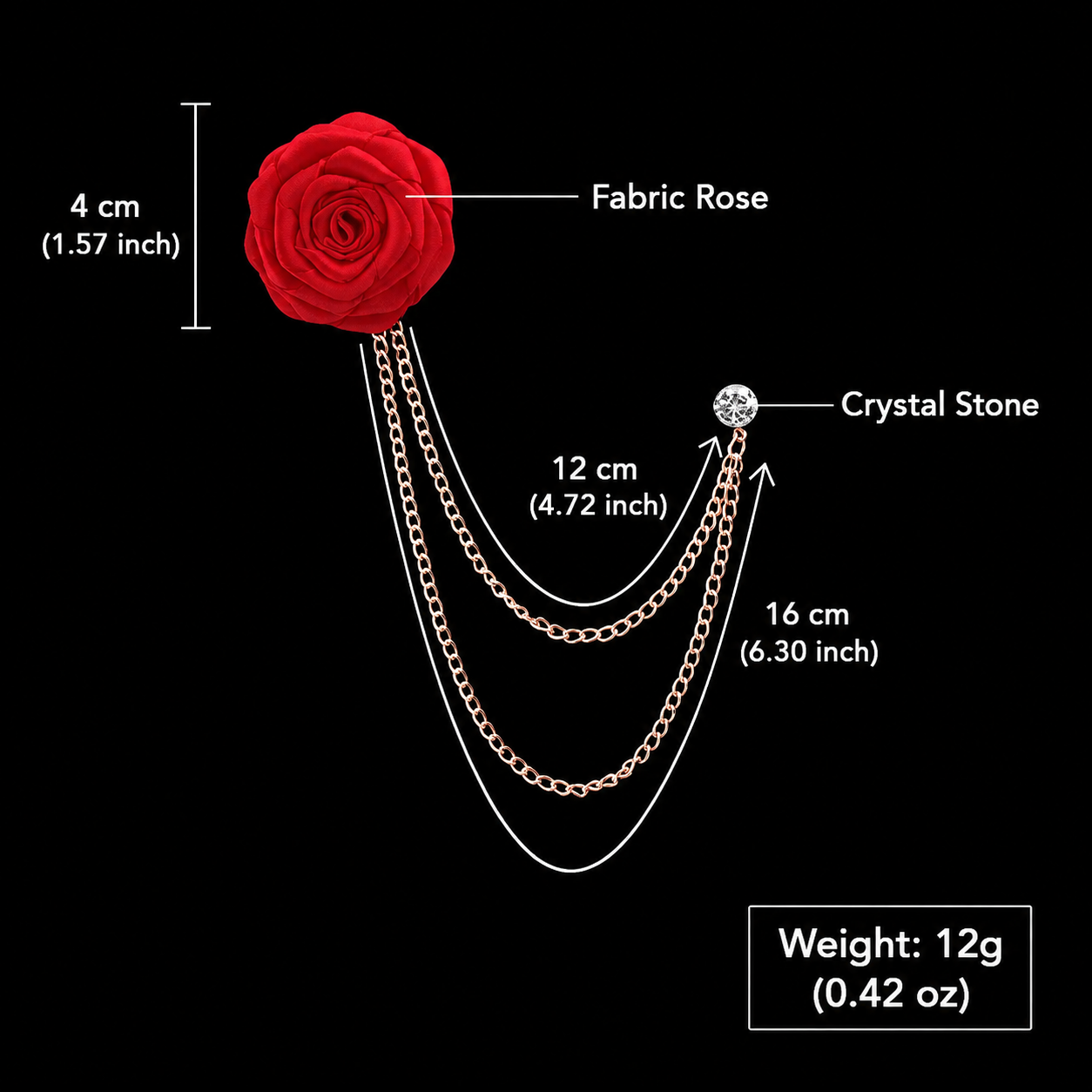 Rose flower brooch size chart showing flower diameter, chain length and weight details.