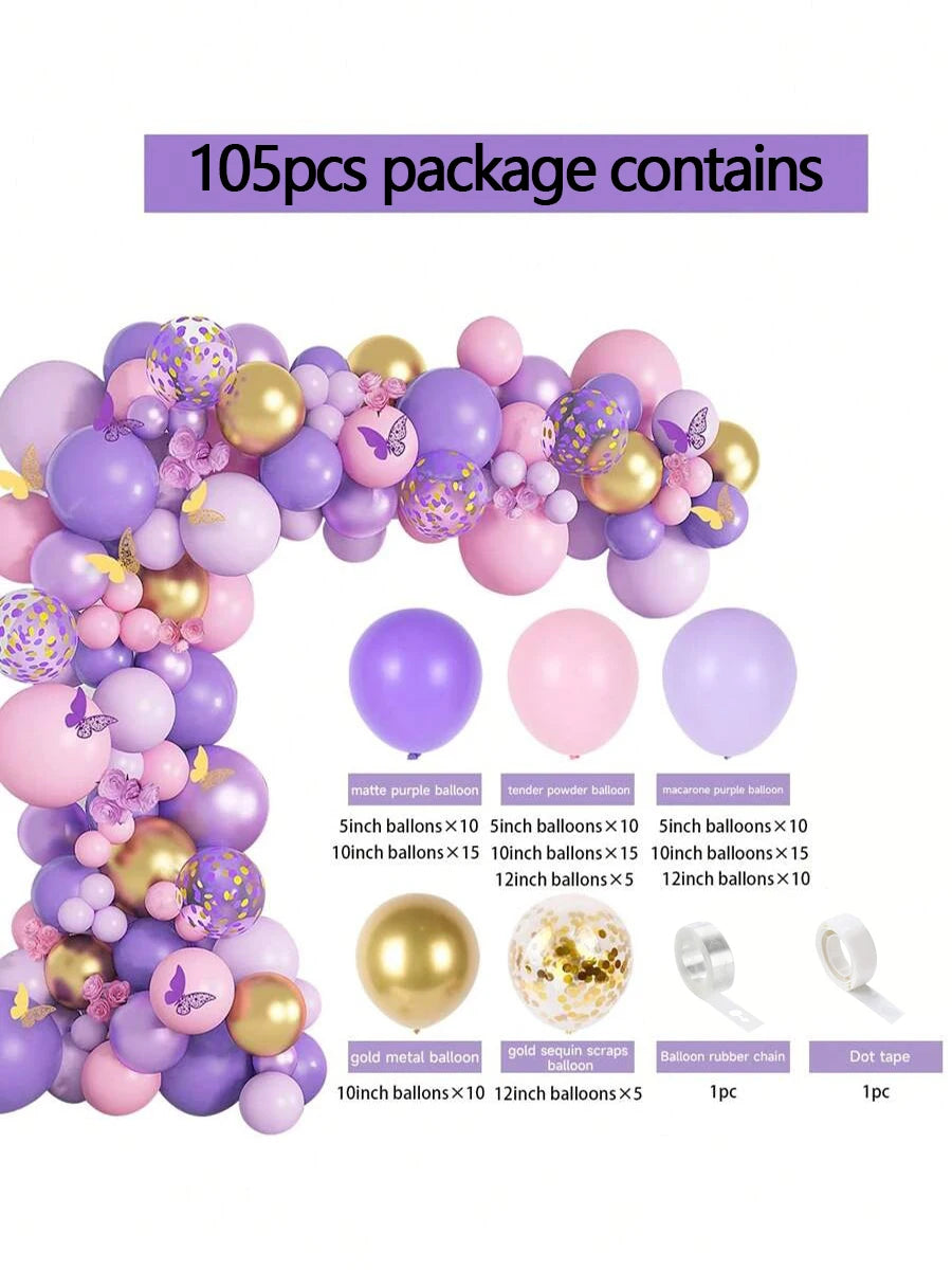 A party decoration package containing a large balloon garland arch in pastel purple, pink, and metallic gold, with smaller individual balloon packs and accessory rolls shown below. Text at the top reads '105pcs package contains' and labels specify balloon sizes and quantities.