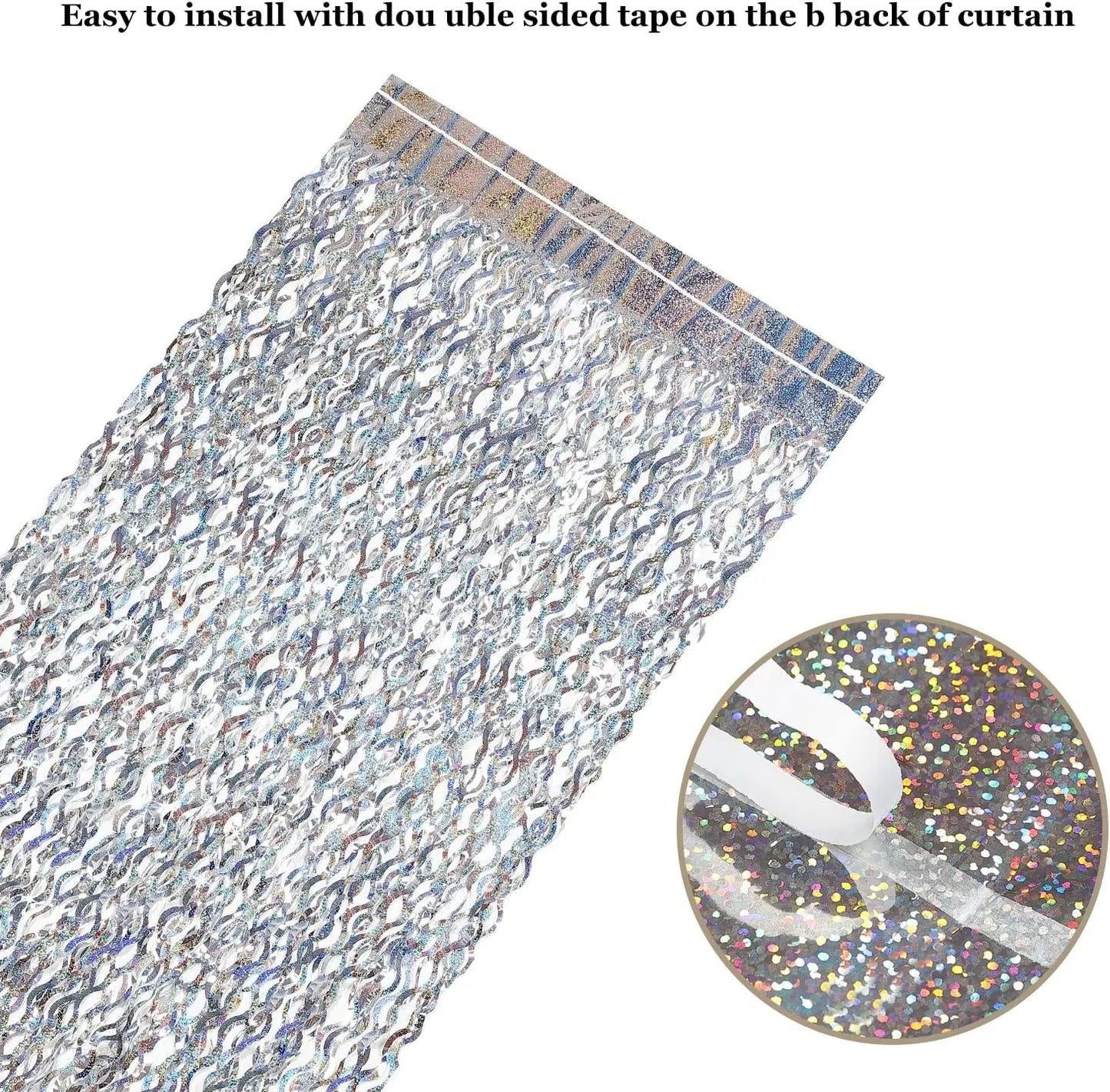 Holographic foil fringe curtain with adhesive strip for easy hanging and decoration