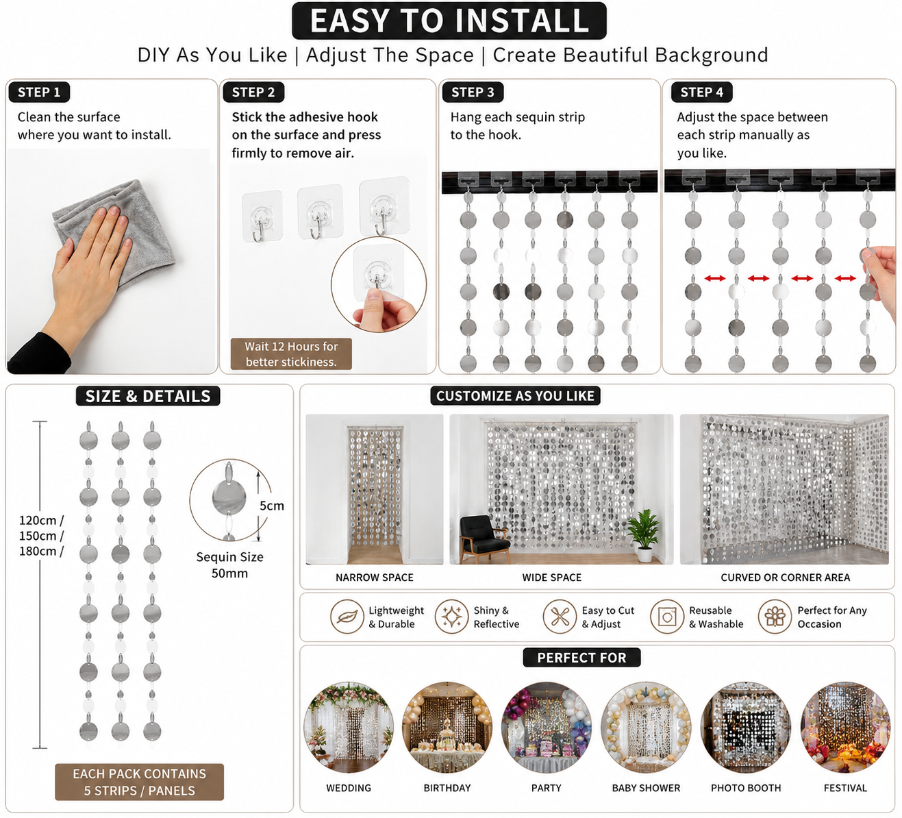 Step-by-step installation guide showing how to hang and arrange decorative sequin curtain strips.