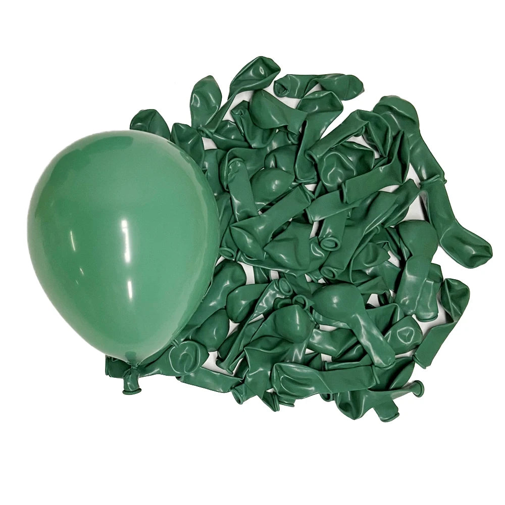 A single inflated mint green balloon shown next to a pile of deflated matching green balloons on a plain white background.