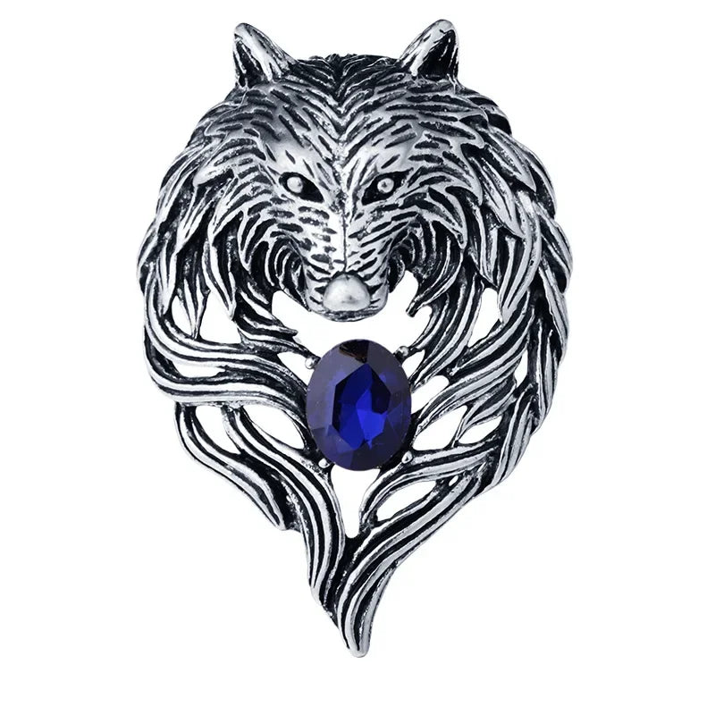 Silver wolf head lapel pin displayed on dark background