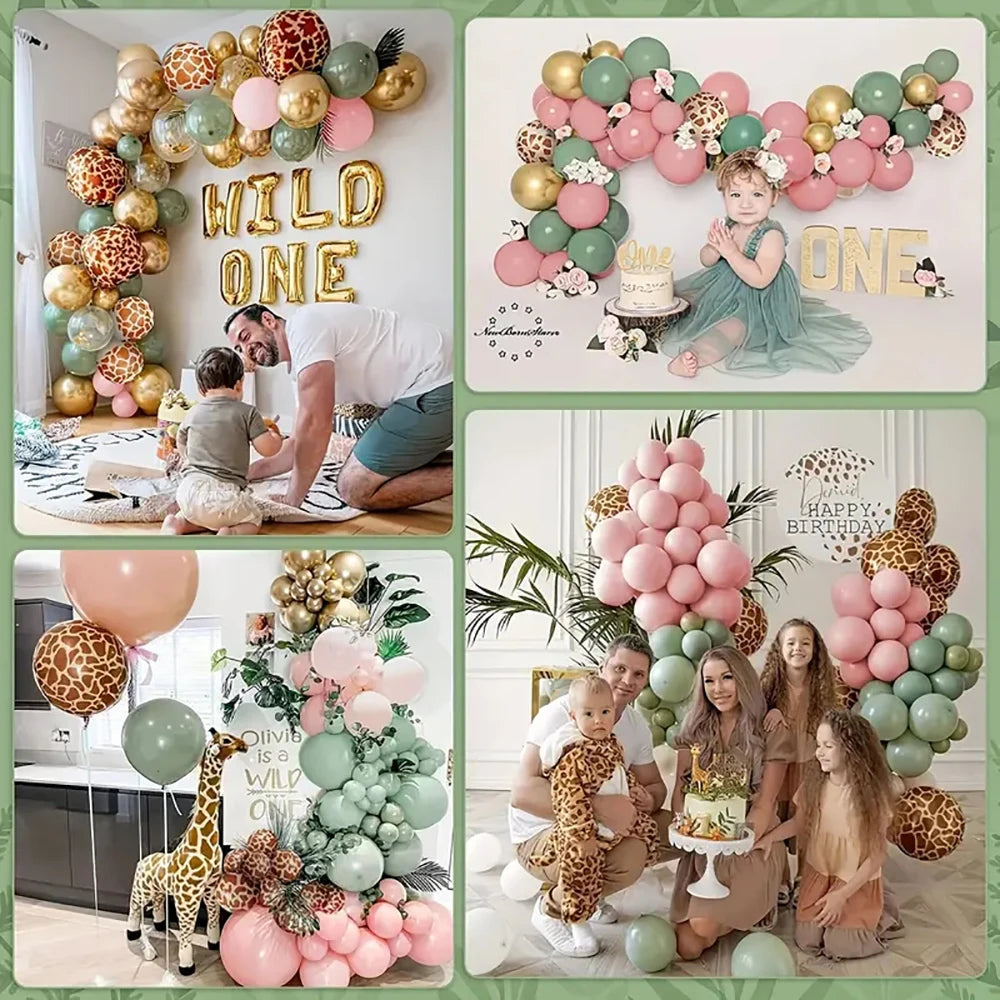 A four-panel collage showing pink, sage green, gold, and leopard-print balloon party decorations, including arches, banners, and a giraffe figure, with children and adults posing in decorated indoor birthday settings.