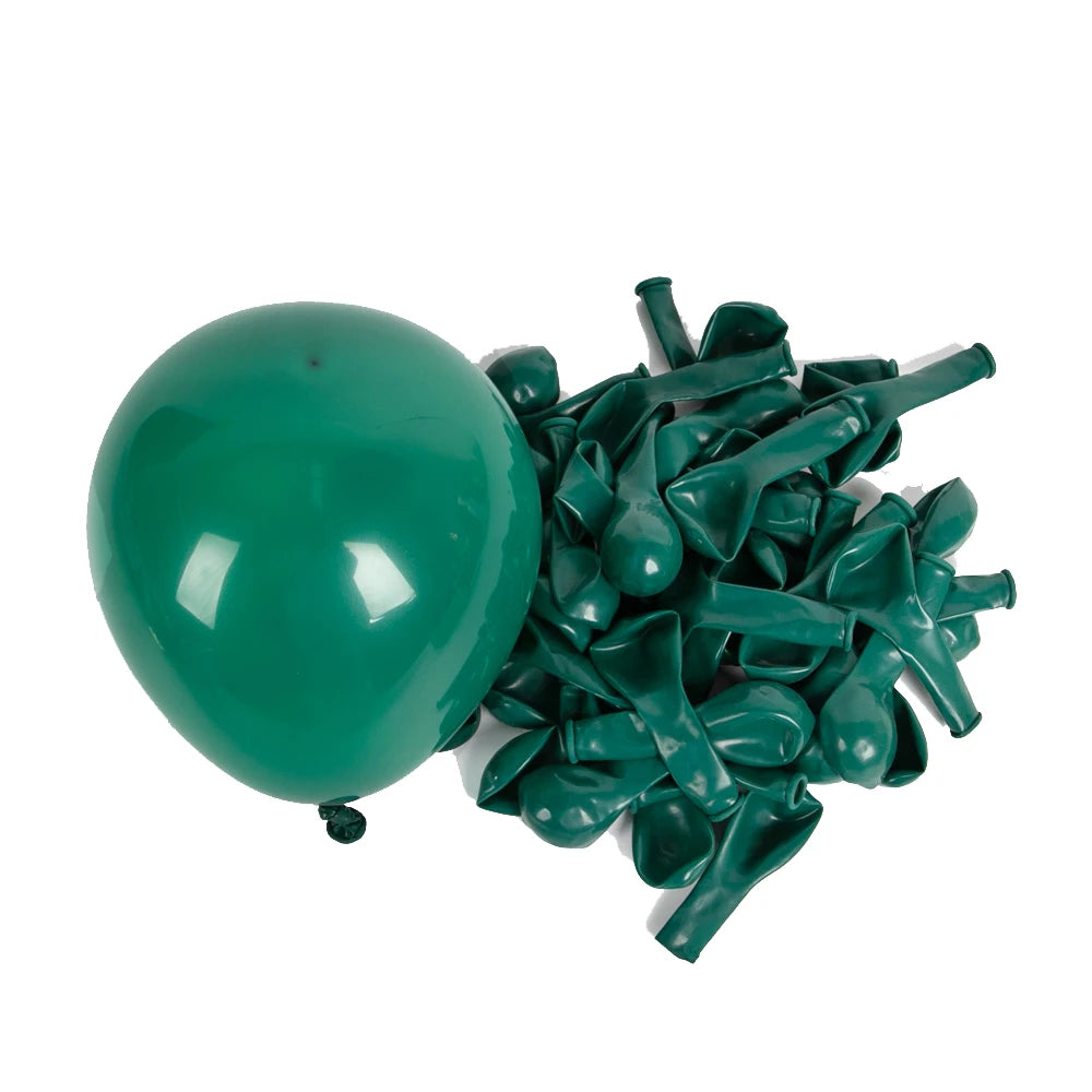 A pack of dark green latex balloons, with one fully inflated balloon shown next to a pile of deflated balloons on a white background.