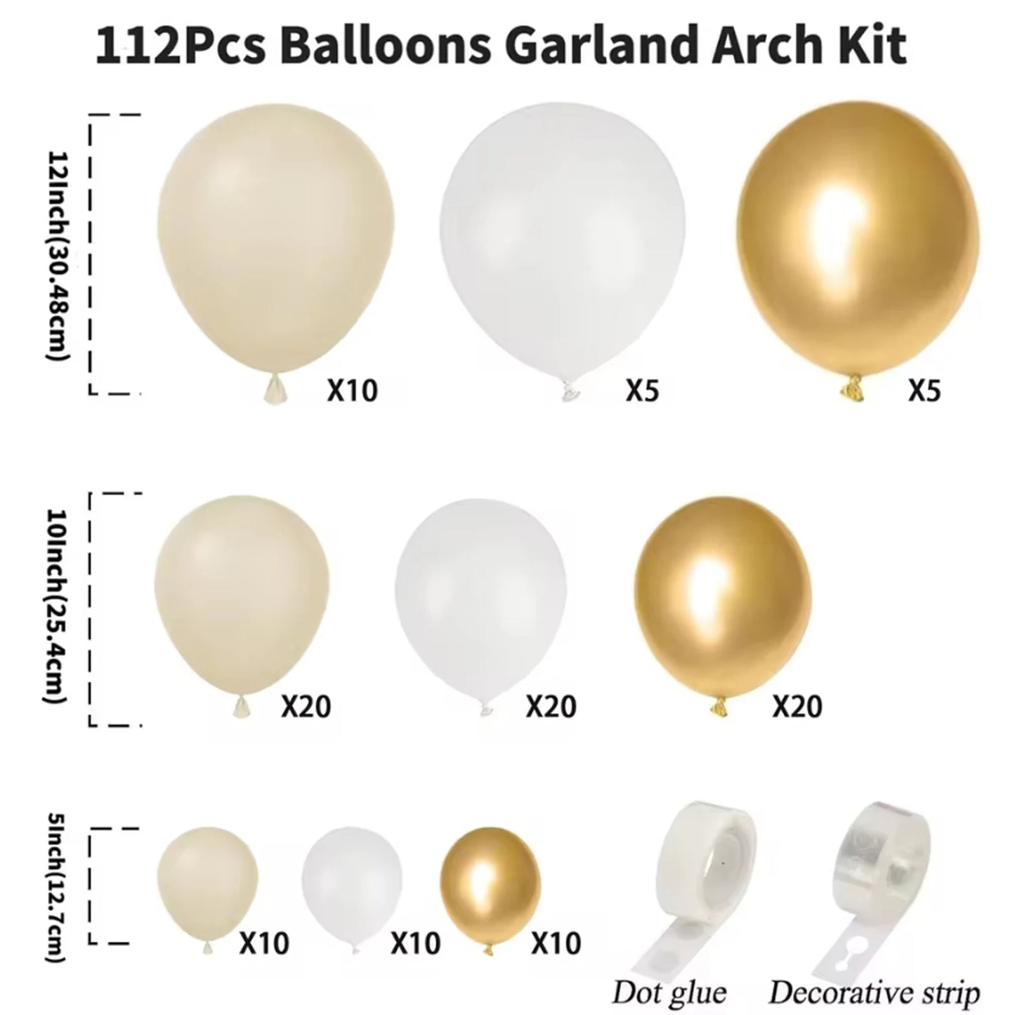112-piece balloons garland arch kit with balloons of different colors and sizes, measurements, and additional items like dot glue and decorative strip.