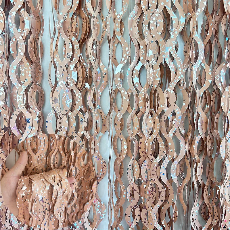 Metallic wave pattern fringe curtain for photo booth backgrounds and event decoration