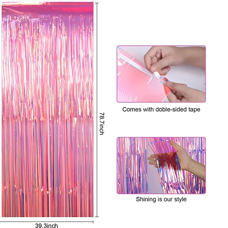 Pink and purple tinsel curtain with measurements and usage instructions.