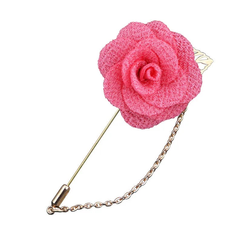 Glow Pink flower shaped brooch with chain elegant fashion jewelry accessory on white background