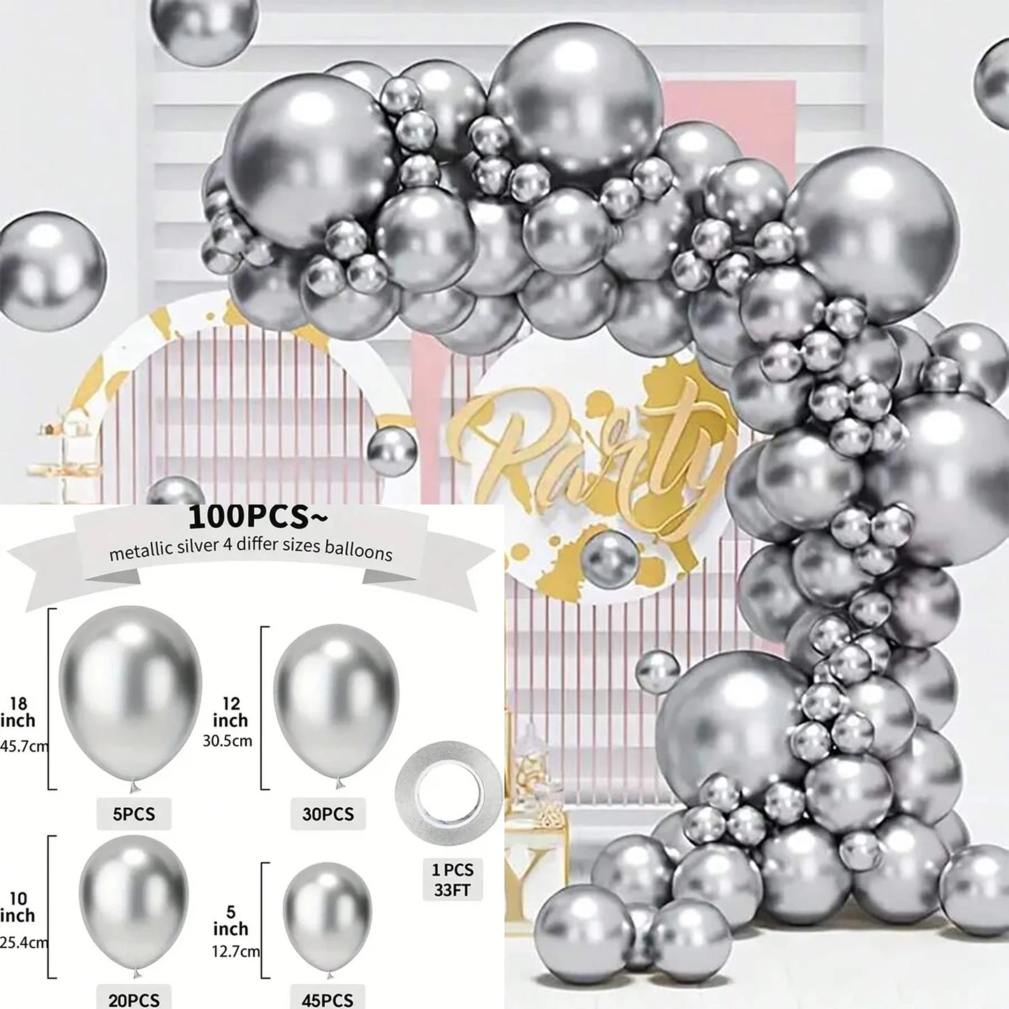 Silver metallic balloon garland kit with a large arch and cluster of metallic silver balloons in various sizes, shown with a size and quantity chart on a white and pink party-themed background.