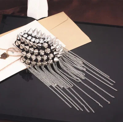 Silver fringe fashion accessory with metallic spike detailing