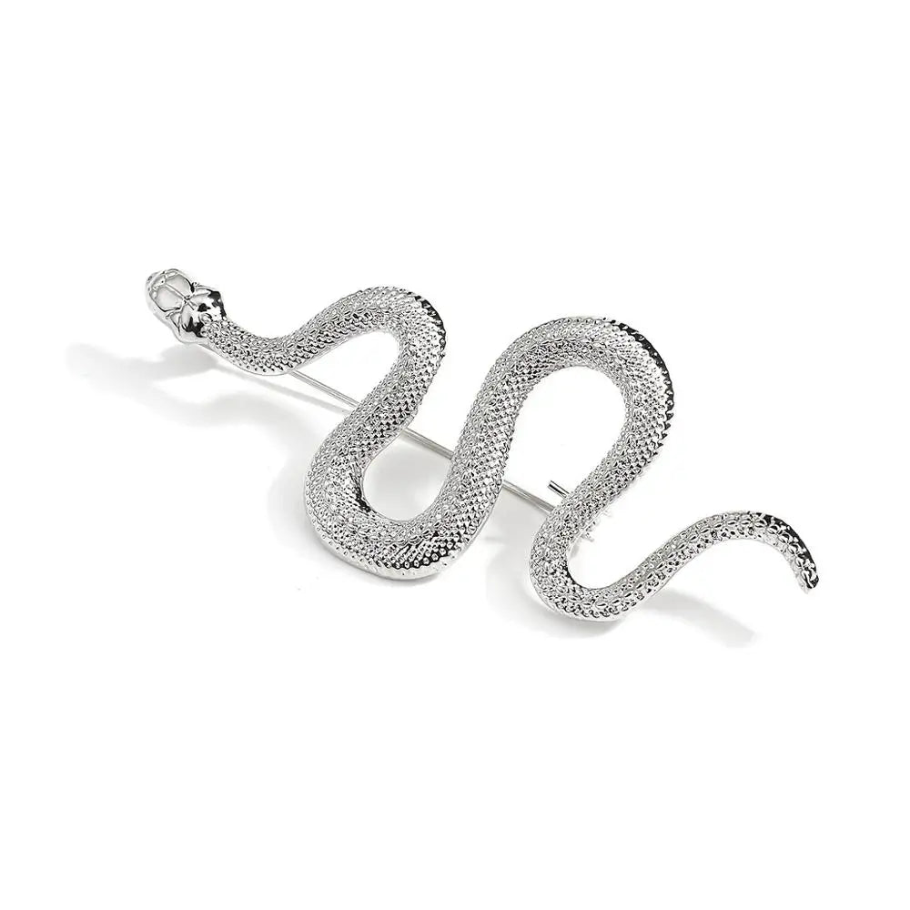 Silver snake-shaped brooch on a white background