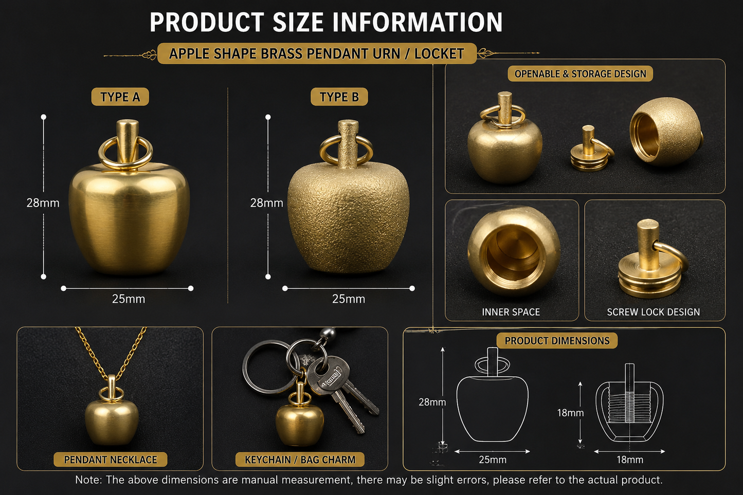 Product size information chart for gold apple-shaped brass pendant urn necklace and keychain charm