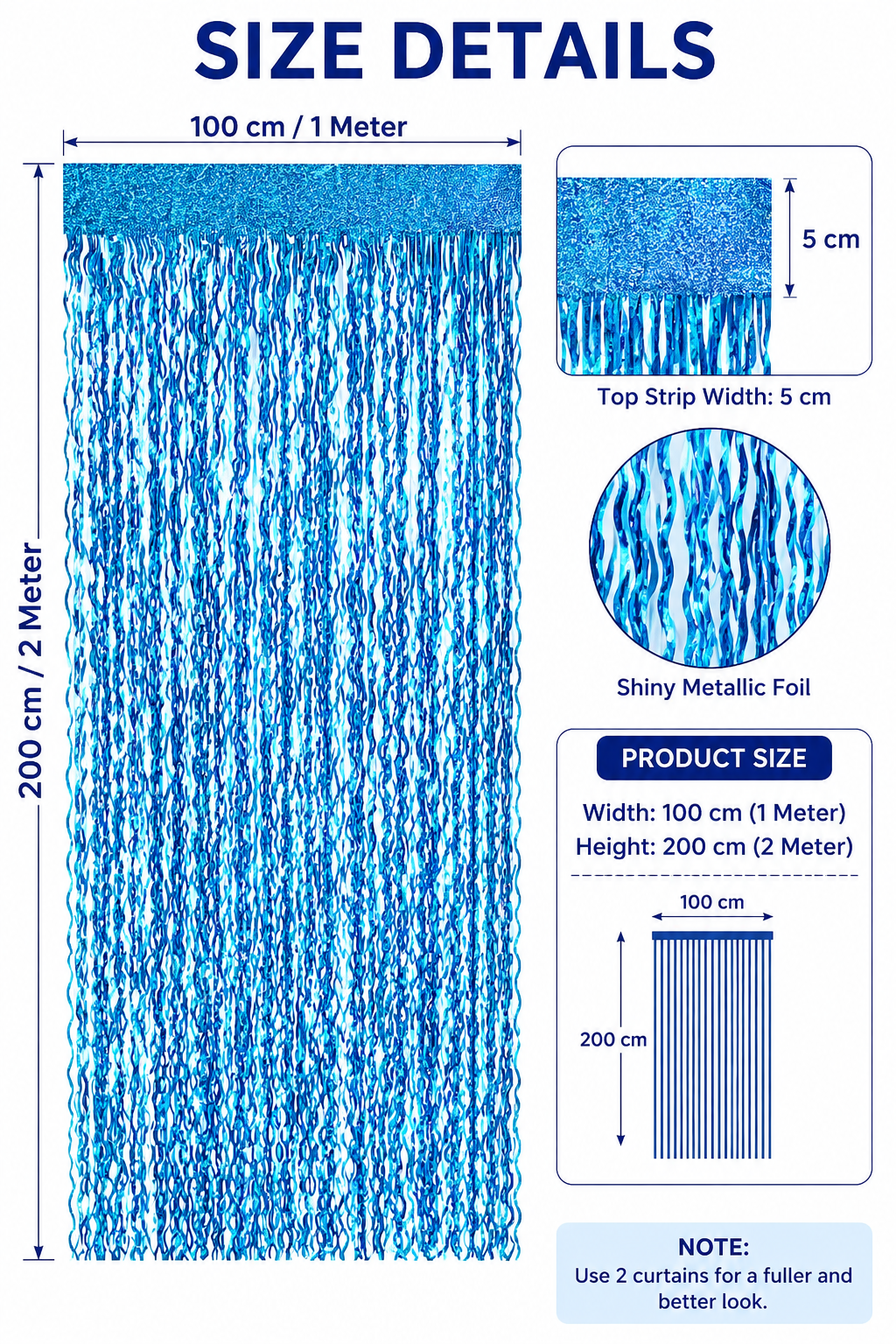 Blue metallic foil curtain with size details and measurements on a white background