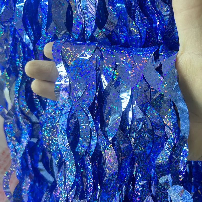 Metallic blue fringe decoration curtain for festive events and celebration backgrounds