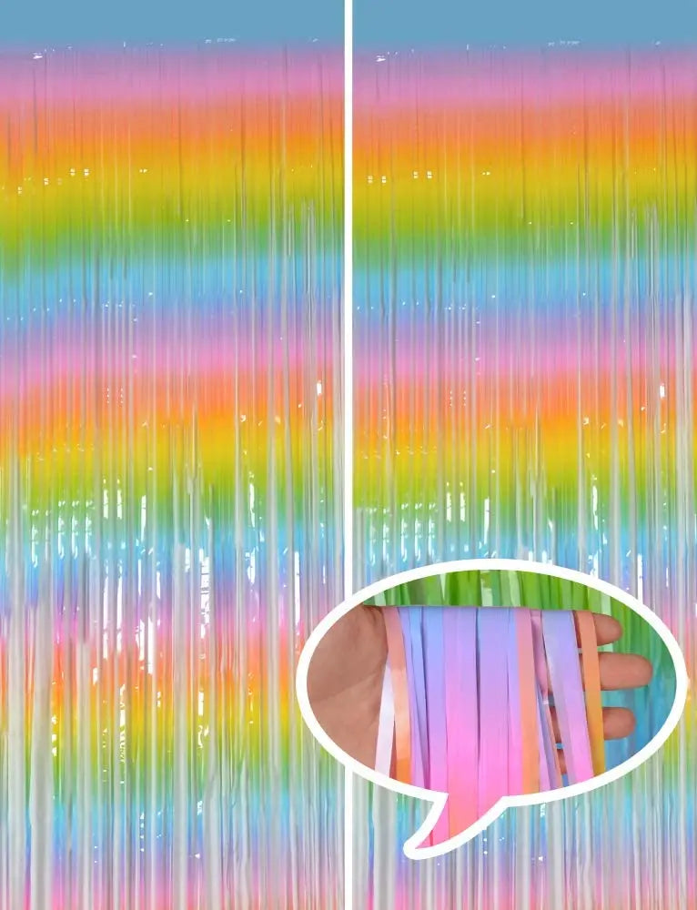 Colorful string curtain with a close-up of hands holding it against a blue background