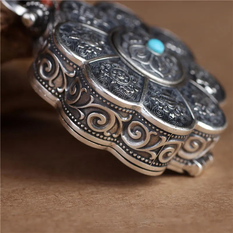 Retro prayer locket necklace charm with detailed lotus flower design