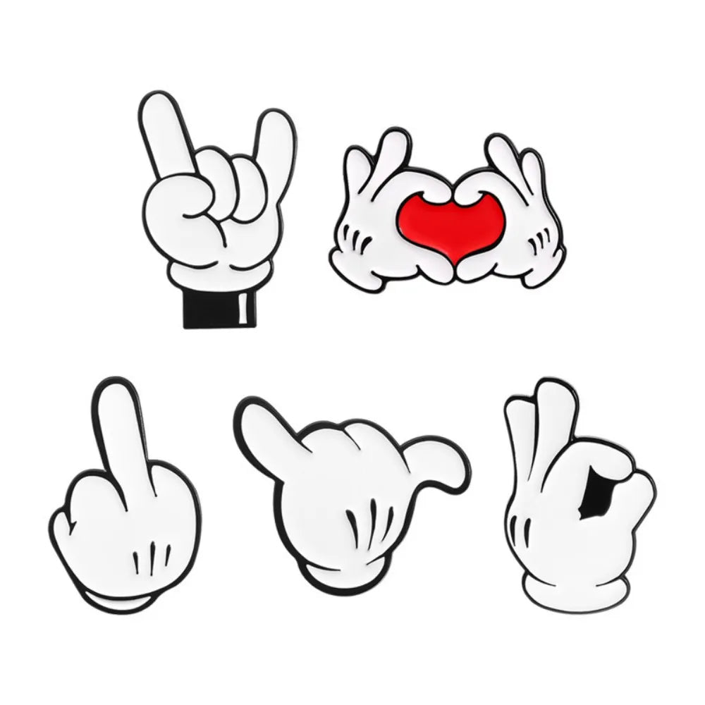 Cartoon glove gesture enamel pin set on white background