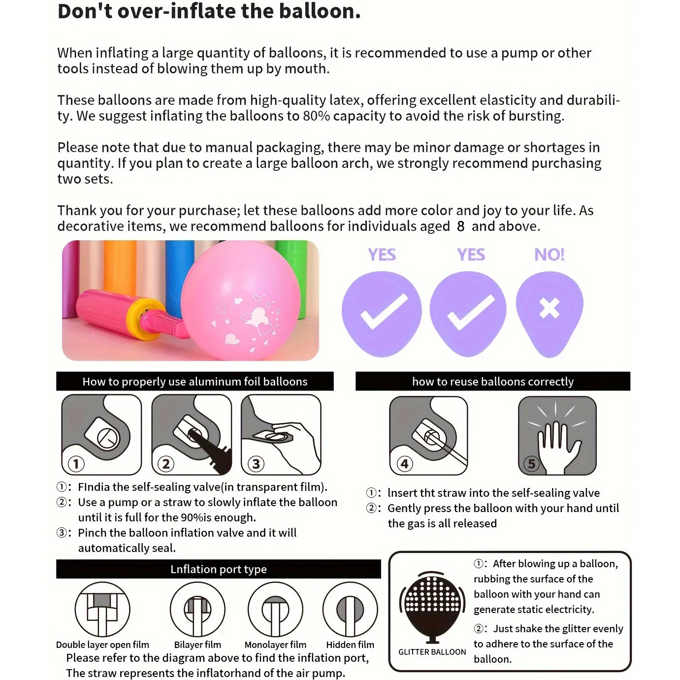 Instructions for using balloons with images and icons on a white background