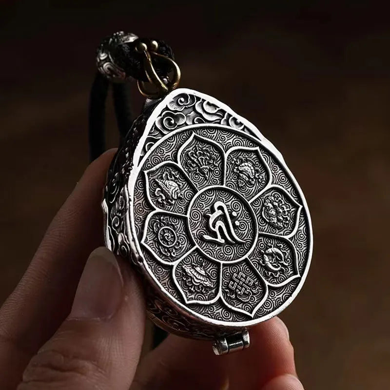 back side Unisex spiritual pendant necklace inspired by Buddhist symbolism