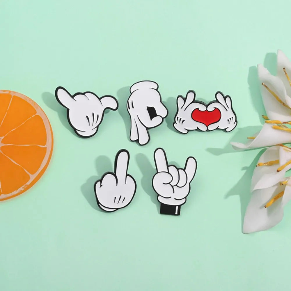 Cute cartoon hand gesture pins with floral background styling