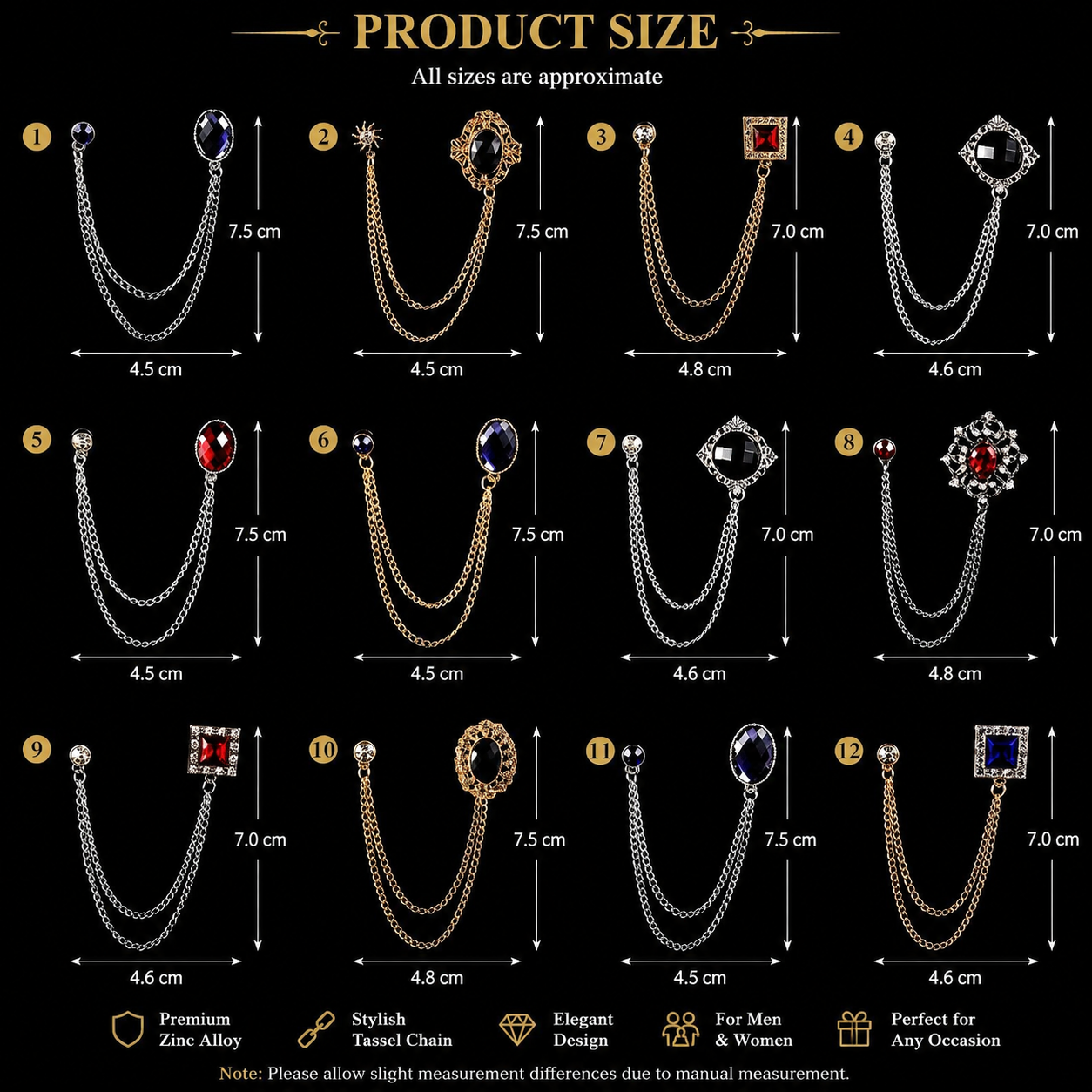 Product size chart for luxury tassel chain brooch collection
