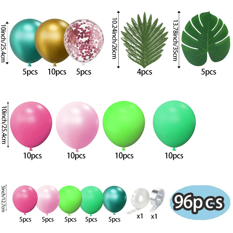 A product listing graphic showing a set of party balloons and decorative leaves with quantity labels. The set includes teal, gold, pink-and-white confetti, green palm, green monstera, pink, light pink, bright green, and medium green balloons, along with tape and a '96pcs' badge.