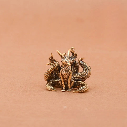 Vintage brass nine tailed fox statue inspired by mythology decorative miniature animal figurine for desk and shelf display