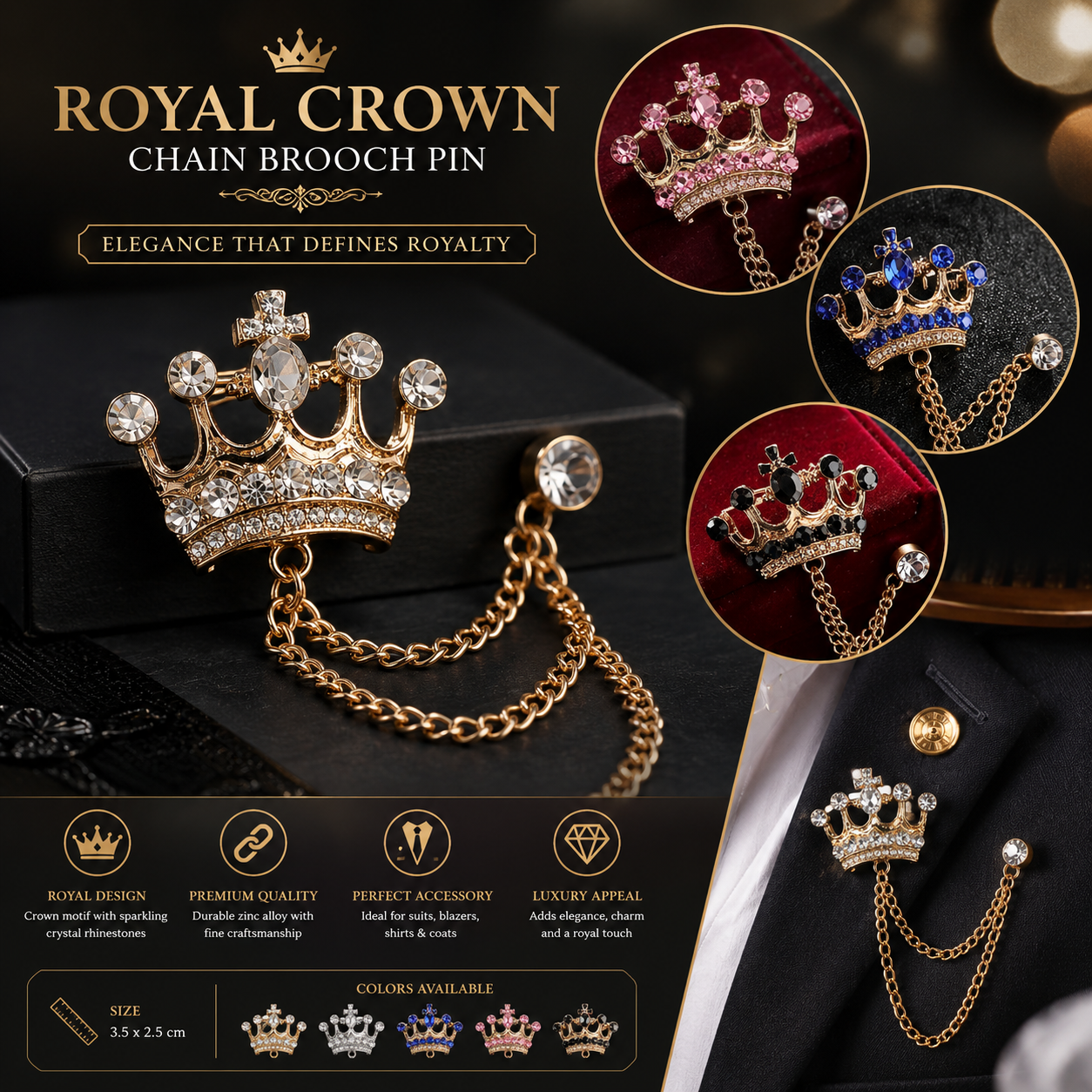 Royal Crown chain brooch pin with additional brooches on a dark background