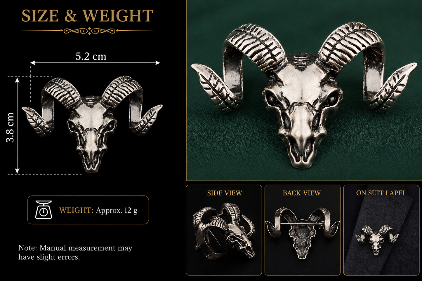 Ram skull brooch with size details and multiple product views on a dark background.