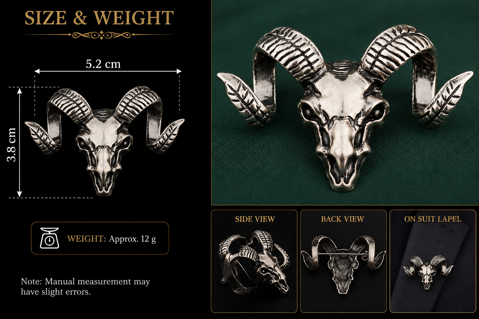 Ram skull brooch with size details and multiple product views on a dark background.