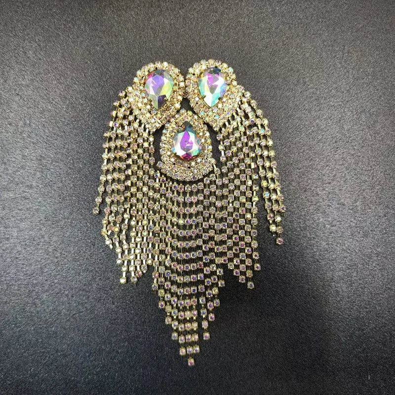 Decorative bead tassel brooch with long chains and crystal stones
