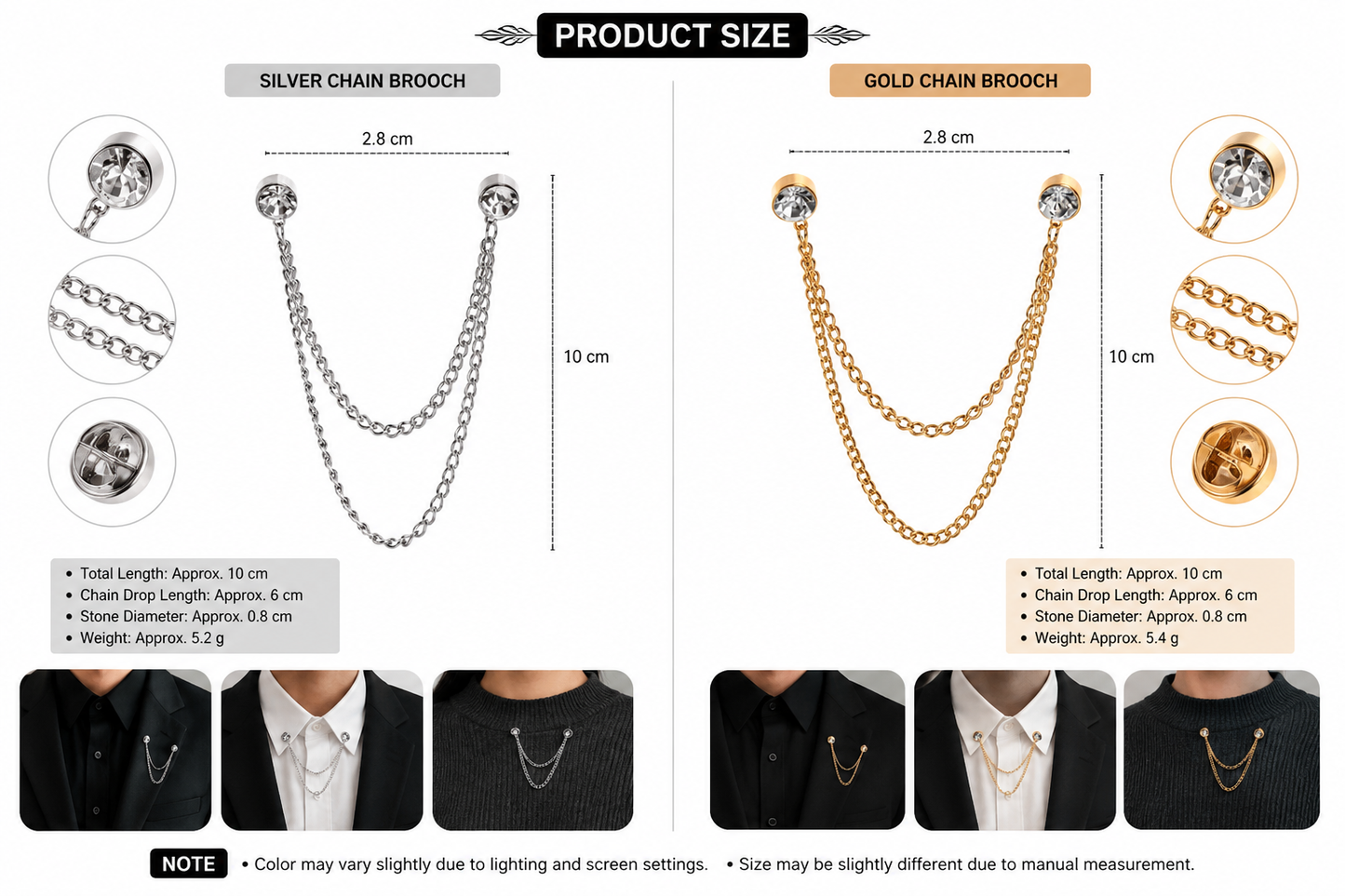 Silver and gold chain brooch size chart with styling example