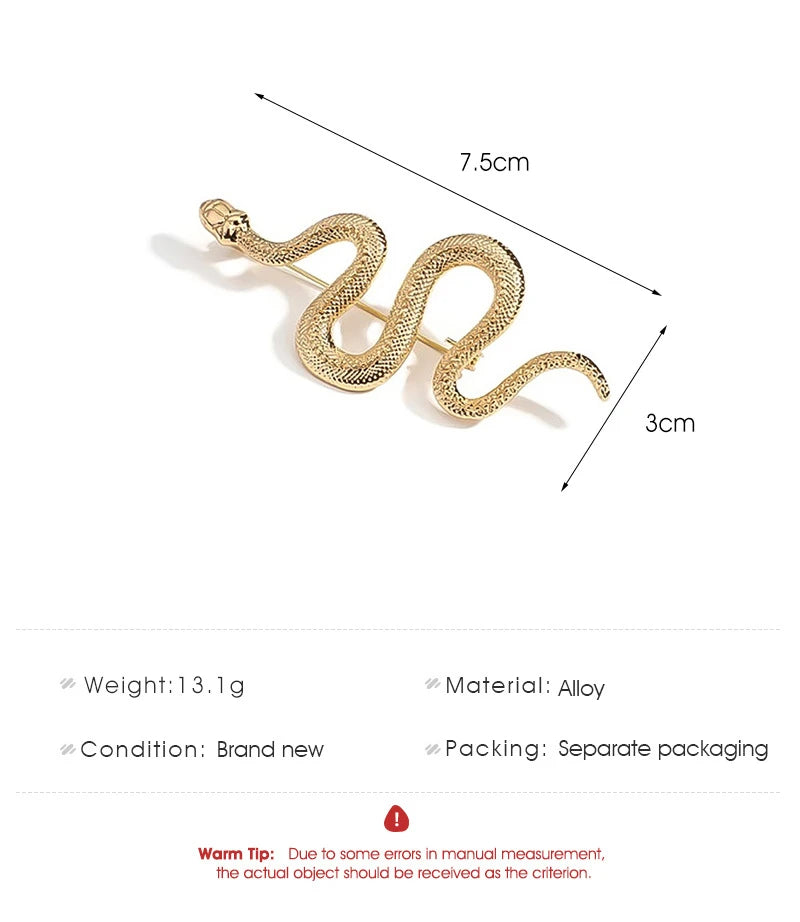 Gold snake brooch pin with size and weight details on white background.