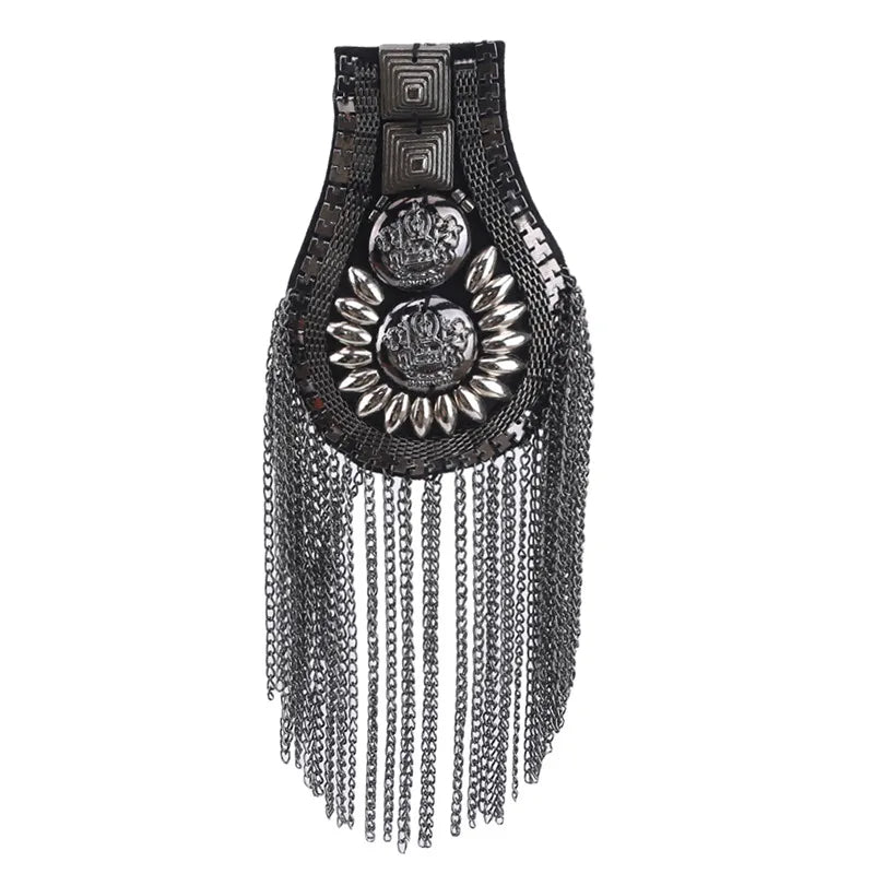 Black fashion accessory with silver chain fringe on white background