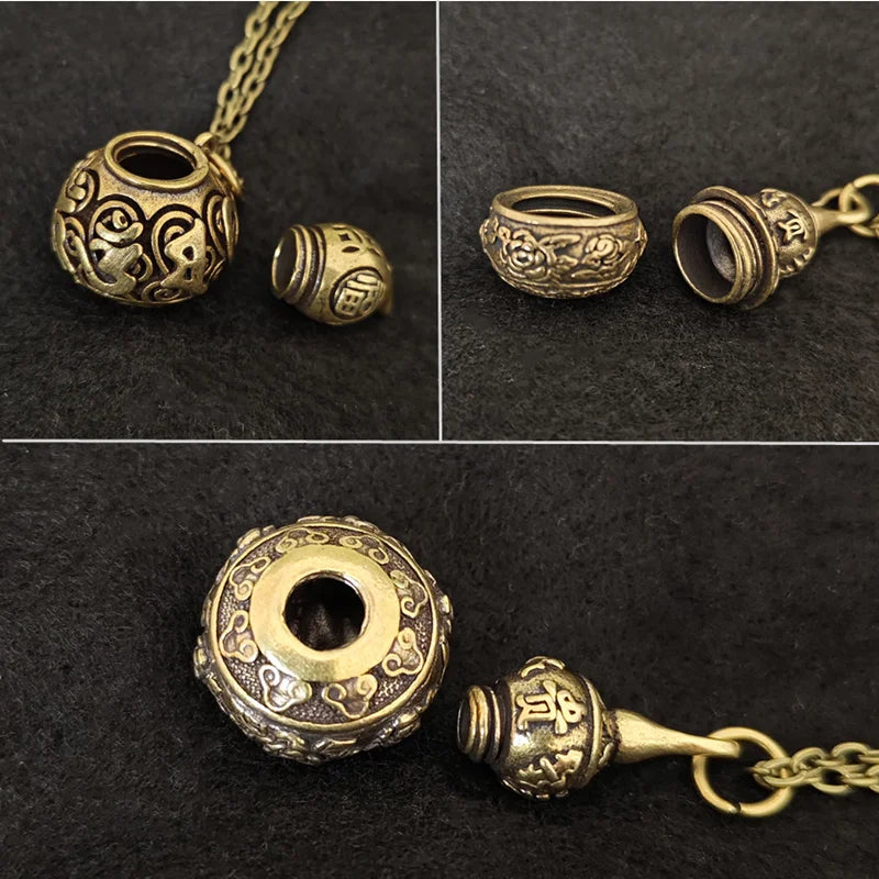 Brass memorial pendant necklace with intricate traditional engraving details