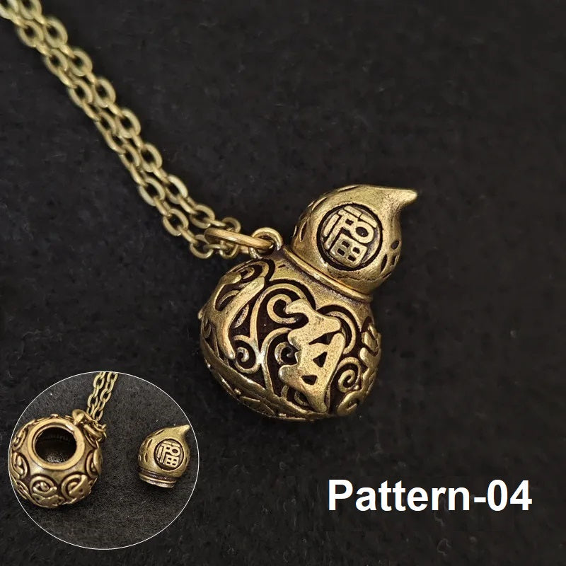 Vintage brass pendant necklace with traditional engraved lucky gourd motif