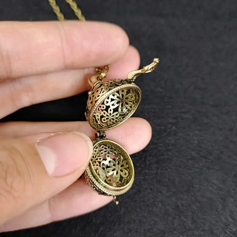 Gold vintage square hollow locket pendant necklace with openwork design