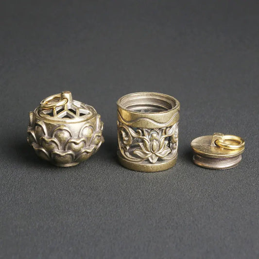 Vintage brass openable pendant box with removable lid and lotus aroma charm design