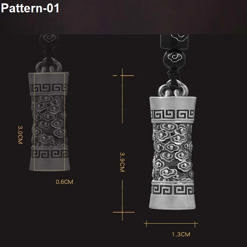 Decorative item with intricate patterns and measurements on a black background