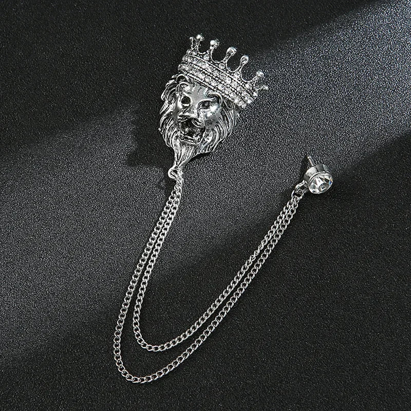 Silver lion head brooch with chain elegant fashion jewelry pin for suit and blazer