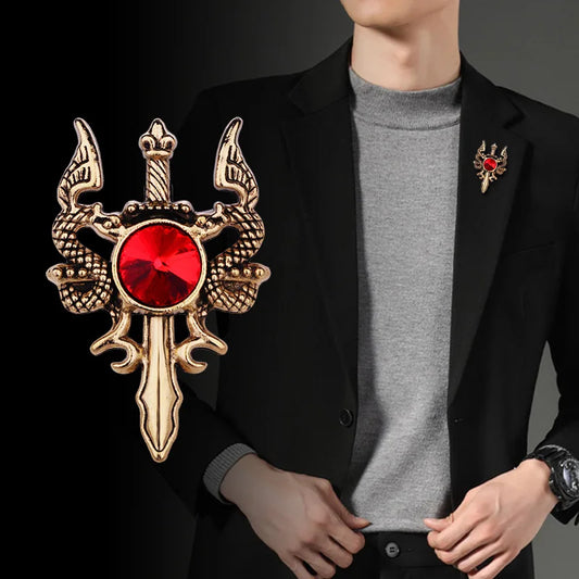 Man wearing vintage dragon brooch pin on formal blazer outfit